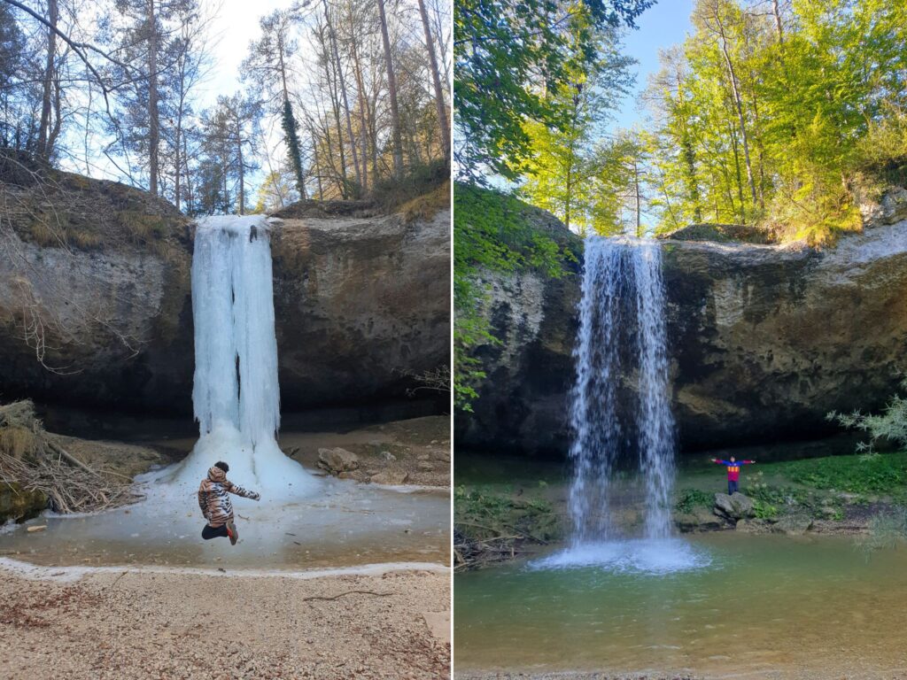 Cascada congelada en invierno y la misma cascada con agua en primavera