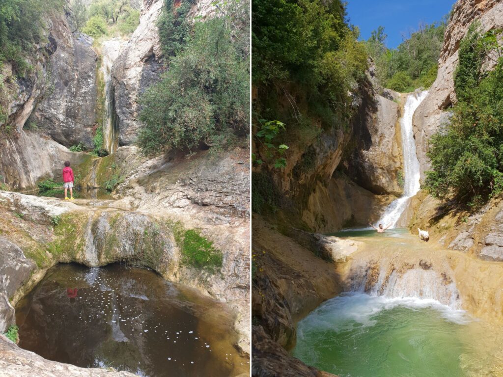 Poza de cascada llena y casi vacía según la época del año