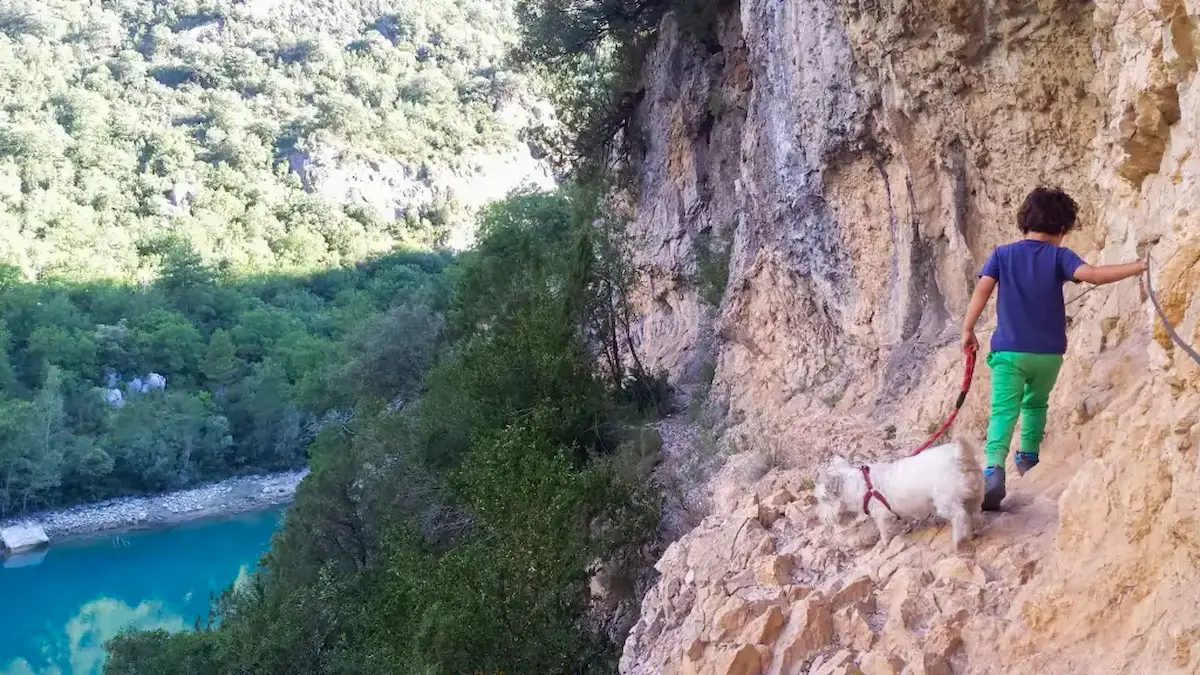 Congosto de Entremon, sendero excavado en roca sobre el río turquesa en Huesca, Aragón